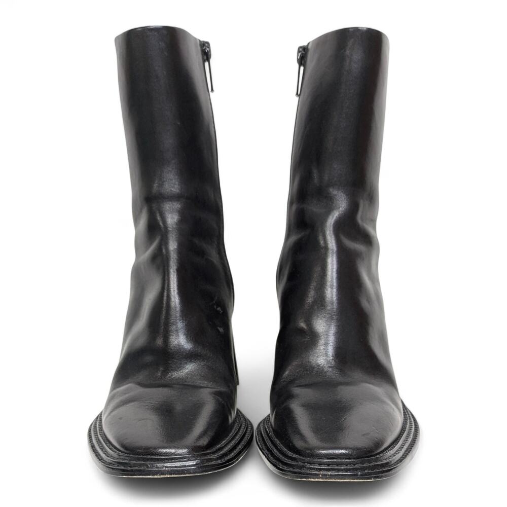 Wang Black Leather Square Toe Sculptural Flare Heel Ankle Boot Minimalist 10 - Picture 3 of 10